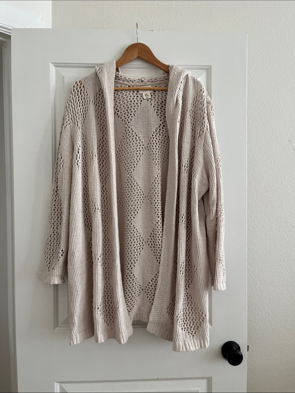 Atelier Nicole Miller Cream Diamond Open-Knit Hooded Cardigan 3X Vacation Resort